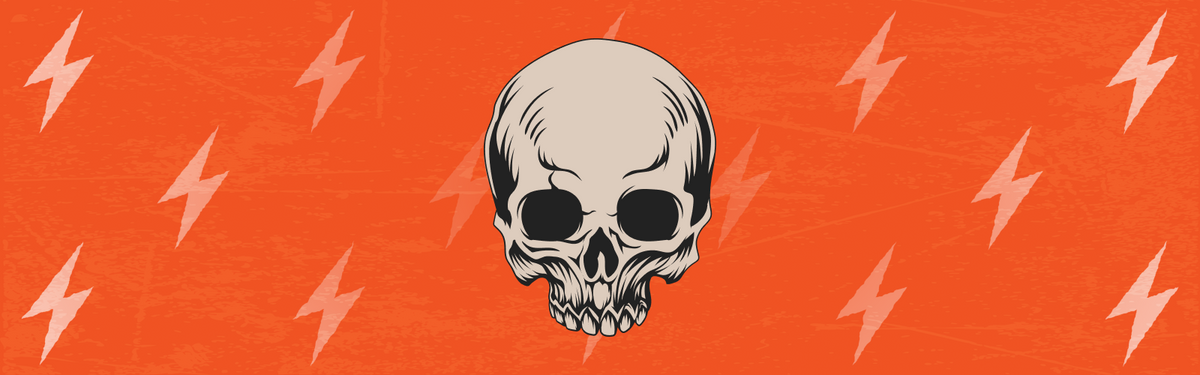Doc's Diehard Loyalty Banner with Skull and lightning bolts on a red background
