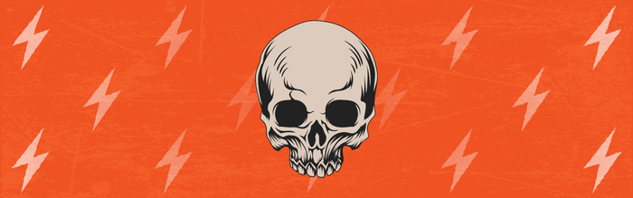 Doc's Diehard Loyalty Banner with Skull and lightning bolts on a red background