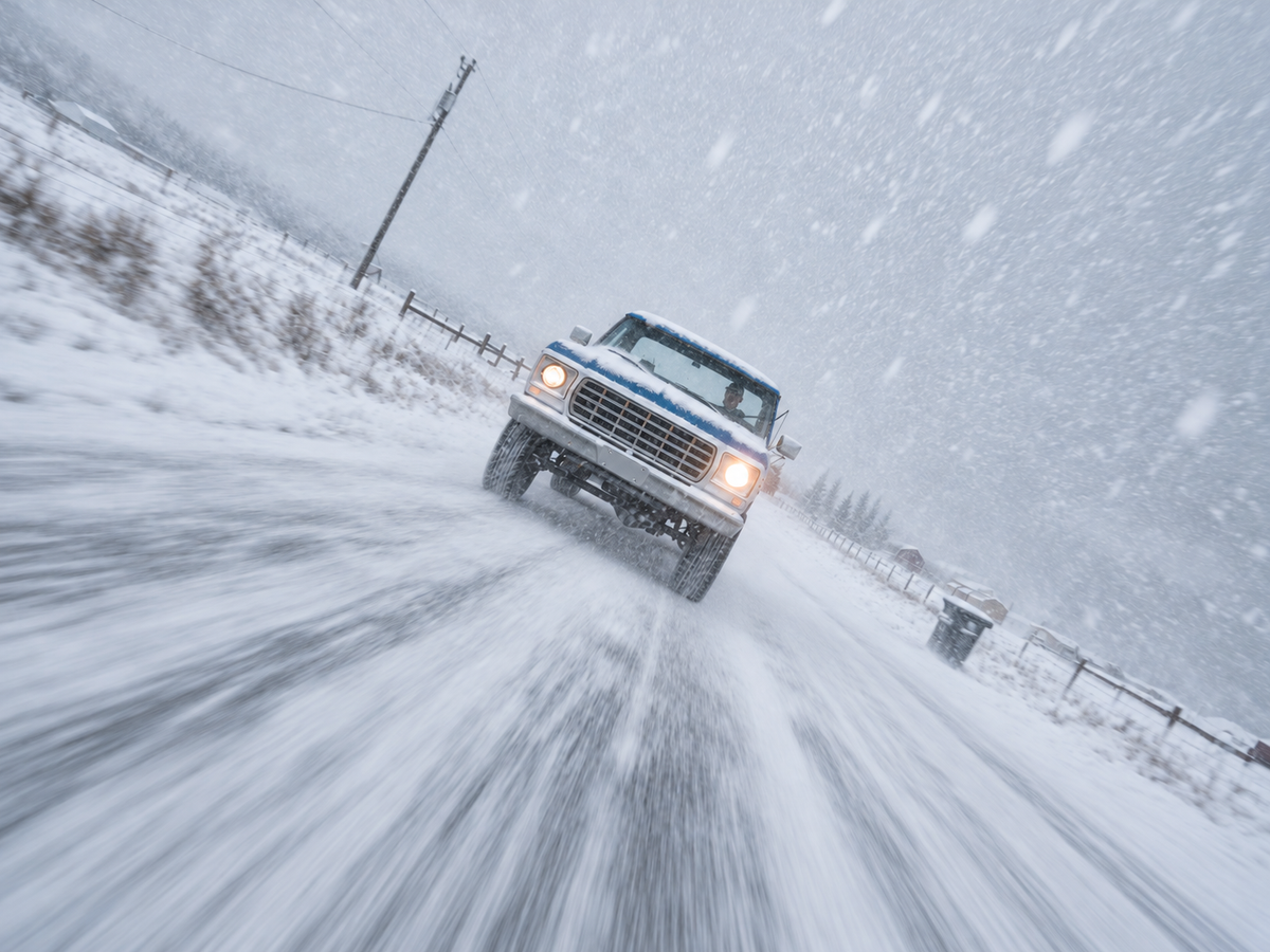 A pickup truck driving through a snowstorm