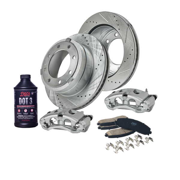 Doc's Diesel Ford 6.7L Powerstroke F-250/350/450 Drilled + Slotted Rear Complete Brake Kit 2012-2022 DDBKPCRRF-202 kit_with-fluid