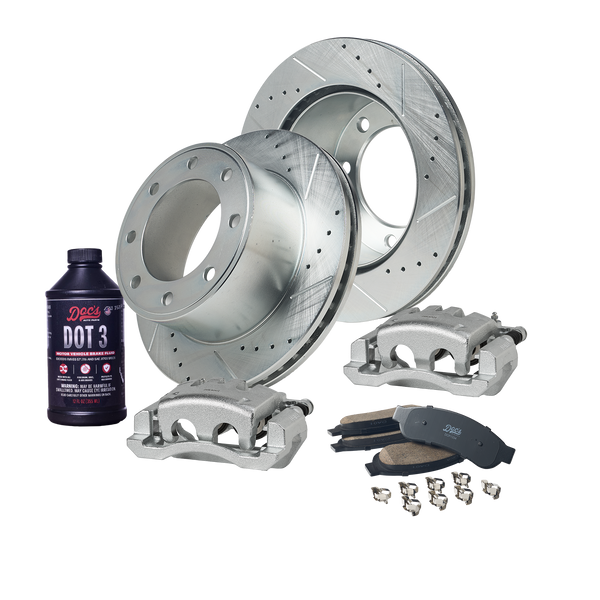Doc's Diesel Ford 6.4L Powerstroke F-250/350 Drilled + Slotted Rear Complete Brake Kit 2008-2010 DDBKPCRRF-206 kit_with-fluid