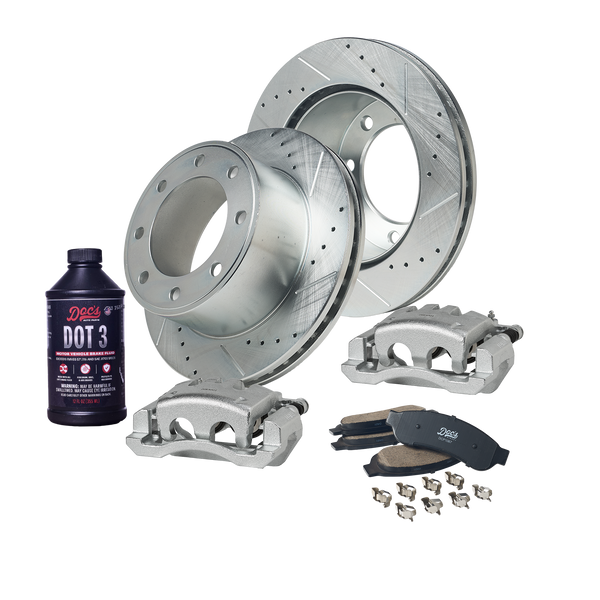 Doc's Diesel Ford 6.7L Powerstroke F-250/350 Drilled + Slotted Rear Complete Brake Kit 2011-2012 DDBKPCRRF-207 kit_with-fluid