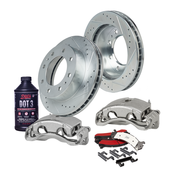 Doc's Diesel Chevrolet/GMC 6.6L Duramax 2500HD/3500/3500HD 4WD SRW Drilled + Slotted Front Complete Brake Kit 2001-2020 DDBKPRCFF-206 kit_with-fluid