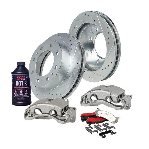Doc's Diesel Chevrolet/GMC 6.6L Duramax 2500HD/3500/3500HD 4WD SRW Drilled + Slotted Front Complete Brake Kit 2001-2010 DDBKPRCFF-207 kit_with-fluid