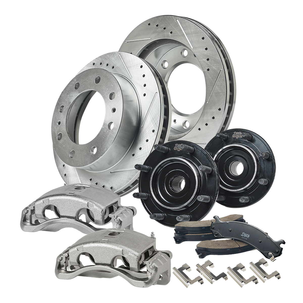 Doc's Diesel Chevrolet/GMC 6.6L Duramax 2500HD/3500 4WD SRW Drilled + Slotted Complete Front Brake Kit + Hub Assemblies 2001-2007 DDBKPRCHF-206 kit_without-fluid