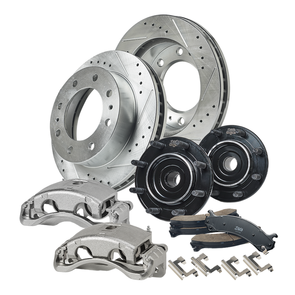 Doc's Diesel Chevrolet/GMC 6.6L Duramax 2500HD/3500 4WD SRW Drilled + Slotted Complete Front Brake Kit + Hub Assemblies 2001-2007 DDBKPRCHF-206 kit_without-fluid