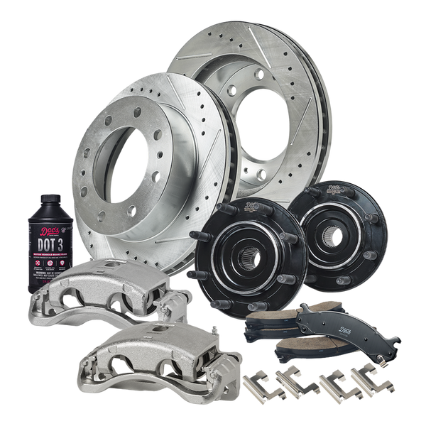 Doc's Diesel Chevrolet/GMC 6.6L Duramax 2500HD/3500 4WD SRW Drilled + Slotted Complete Front Brake Kit + Hub Assemblies 2001-2007 DDBKPRCHFF-206 kit_with-fluid