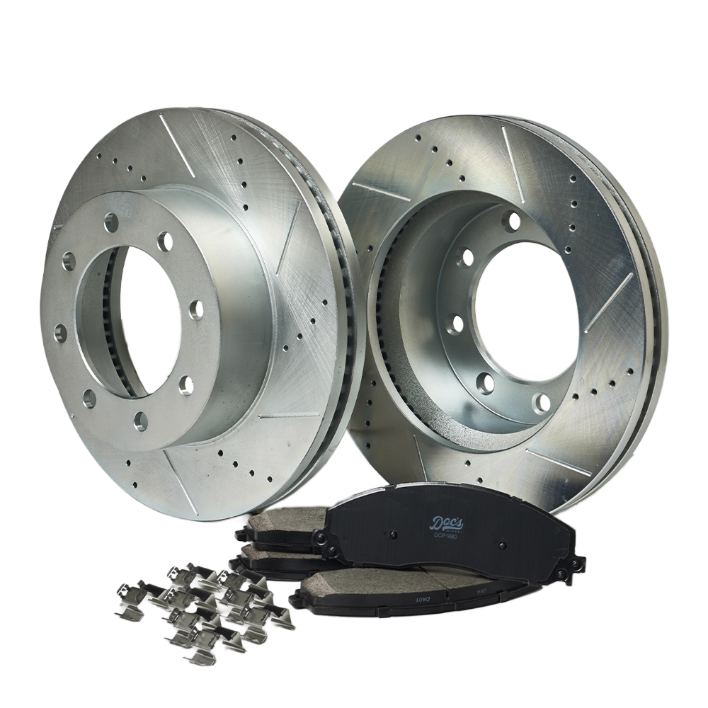 Doc's Diesel Ford 6.7L Powerstroke Ceramic Front Brake Pads + Drilled and Slotted Front Rotors Kit 2012-2024 F250, 2013-2024 F350, 2013-2016 F450