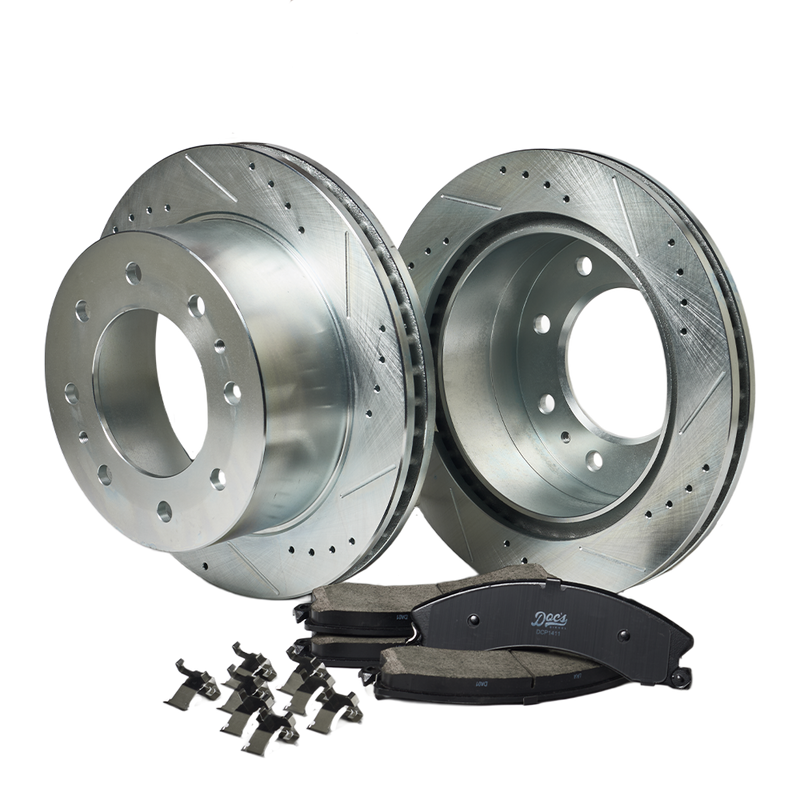 Doc's Diesel Chevrolet/GMC 6.6L Duramax Ceramic Front/Rear Brake Pads + Drilled and Slotted Rear Rotors Kit 2011-2019