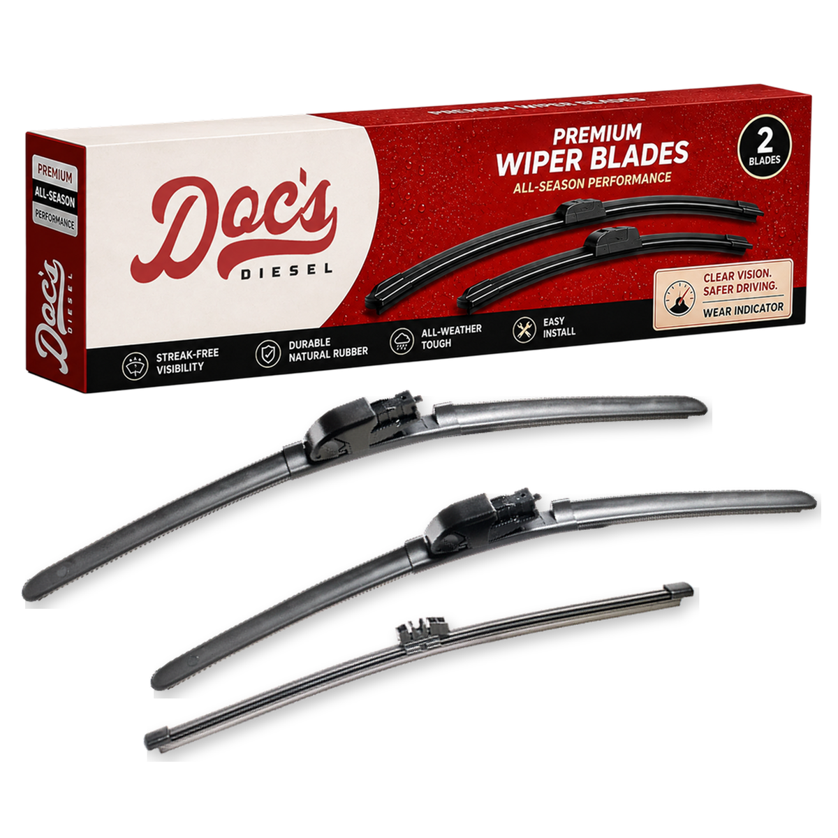 Doc's Diesel All-Season Beam Wiper Blades Front 16" + 16" and Rear 12"
