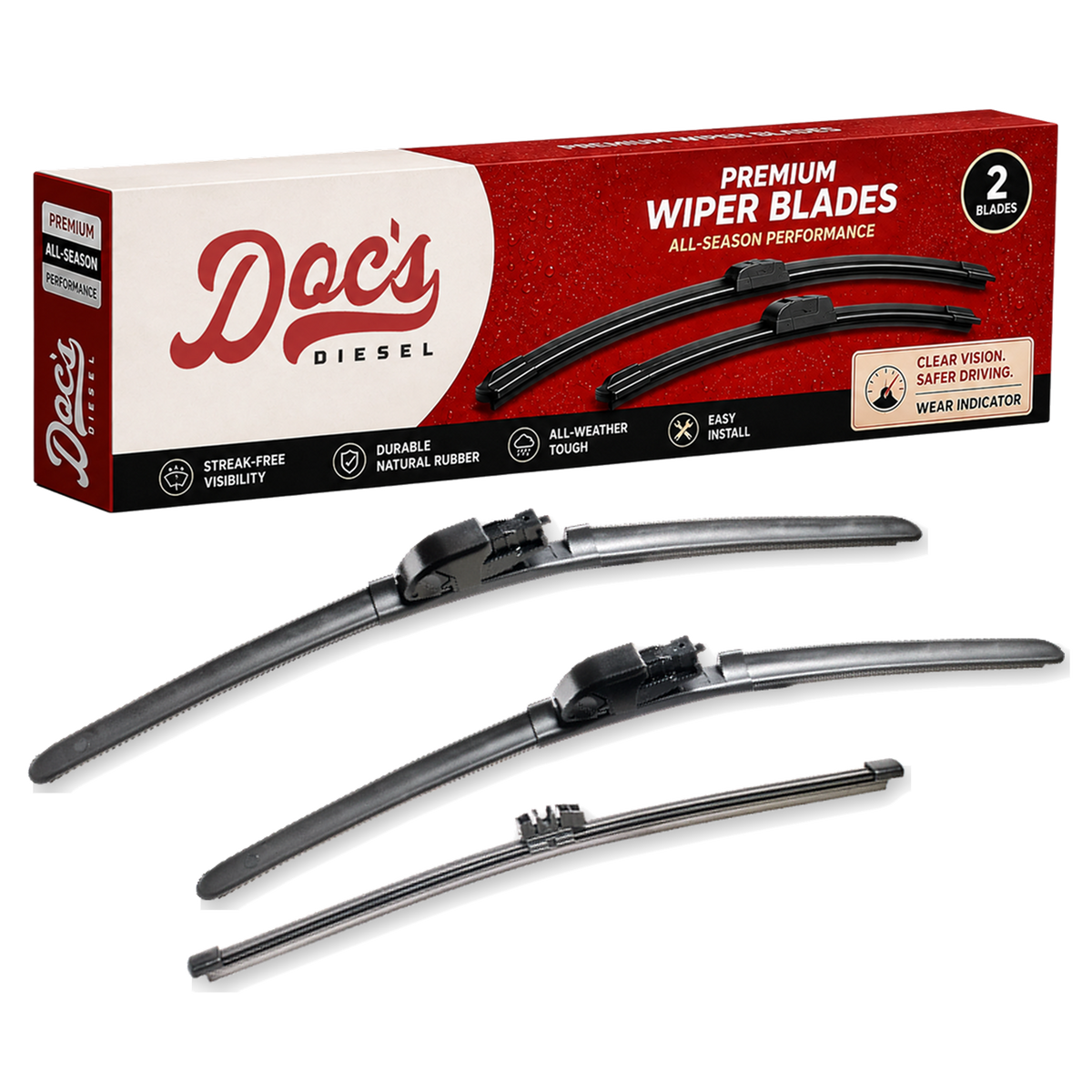 Doc's Diesel All-Season Beam Wiper Blades Front 16 + 16 and Rear 12