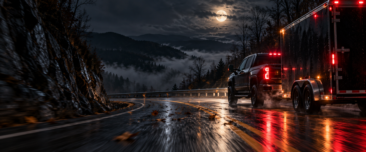 A pickup towing an enclosed trailer up a wet mountain road under a full moon