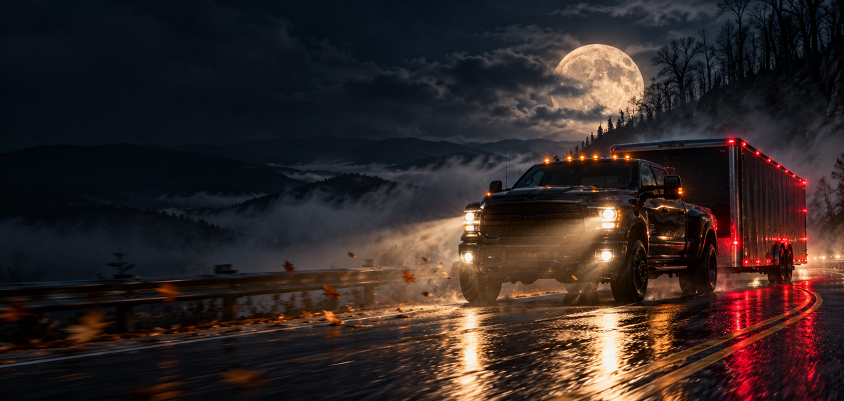 A pickup towing an enclosed trailer over a foggy mountain pass under a full moon