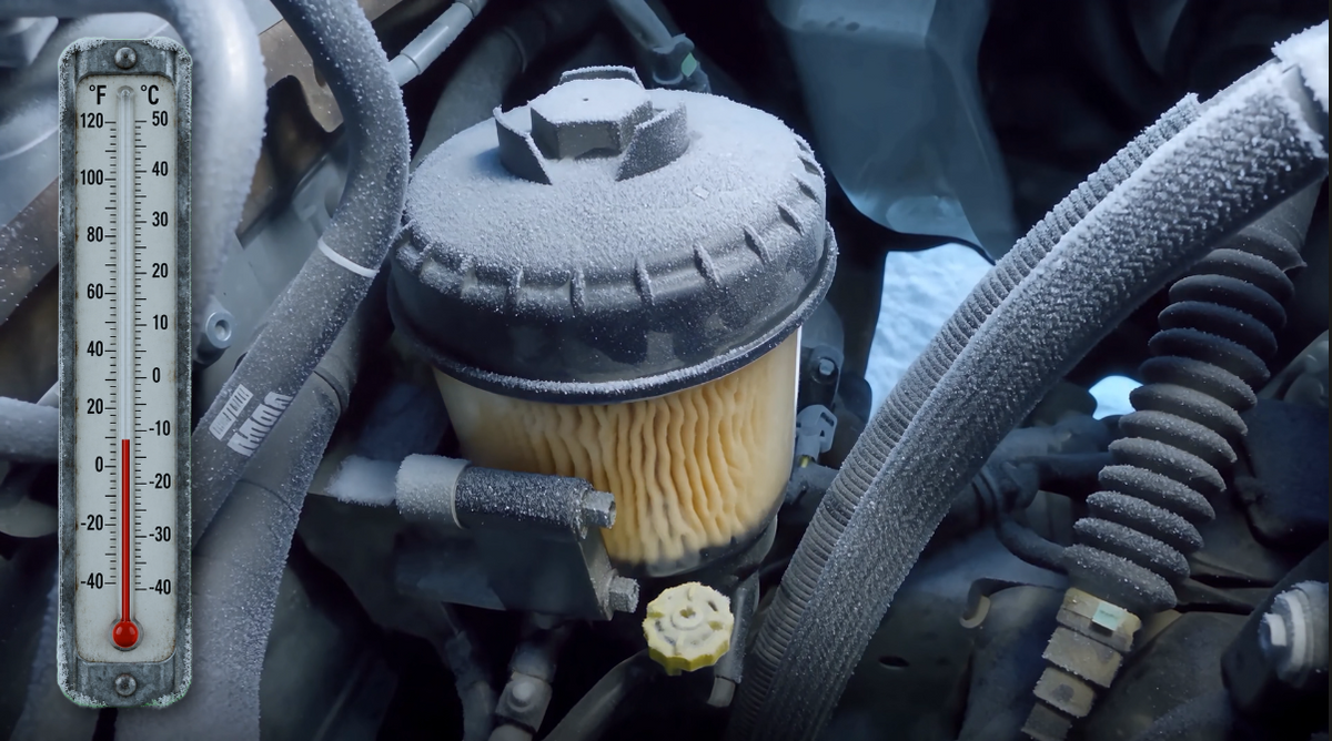A frost-covered diesel fuel filter under the hood, thermometer reading about 5°F