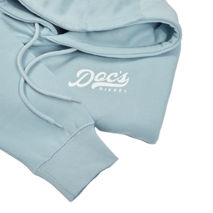 Doc's Staple Hoodie Blue Mist logo closeup