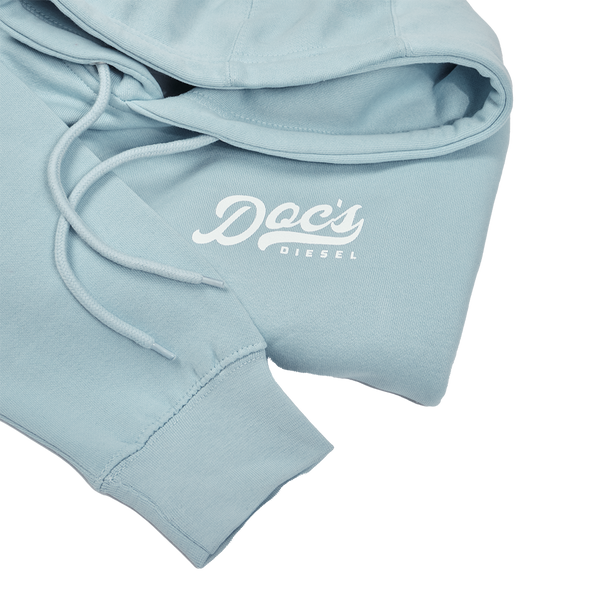 Doc's Staple Hoodie Blue Mist logo closeup
