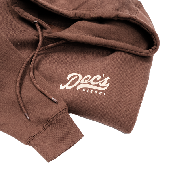 Doc's Staple Hoodie Chestnut logo closeup
