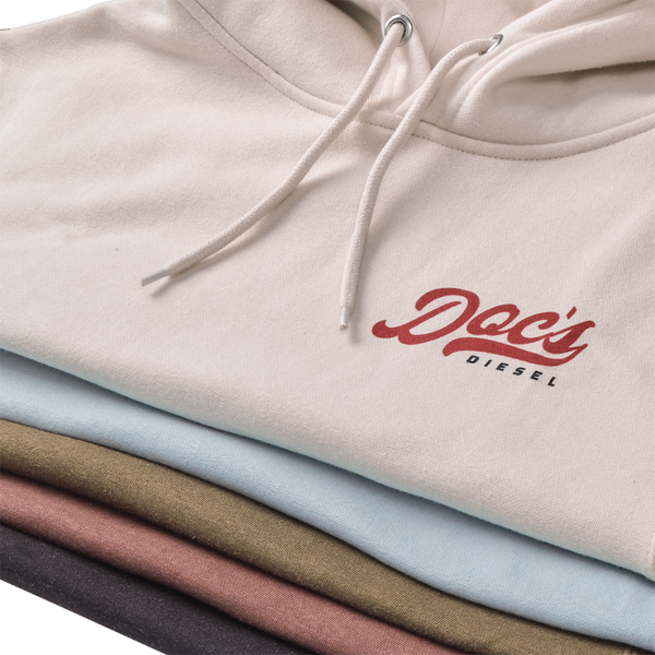 Doc's Staple Hoodie Group shot starting with Tan showing 5 colorways