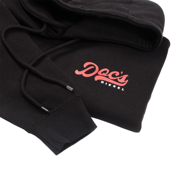 Doc's Staple Hoodie Black logo closeup