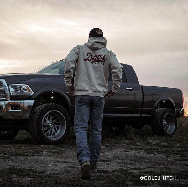 Doc's Diesel Staple Hoodie worn by a man with a truck lifestyle