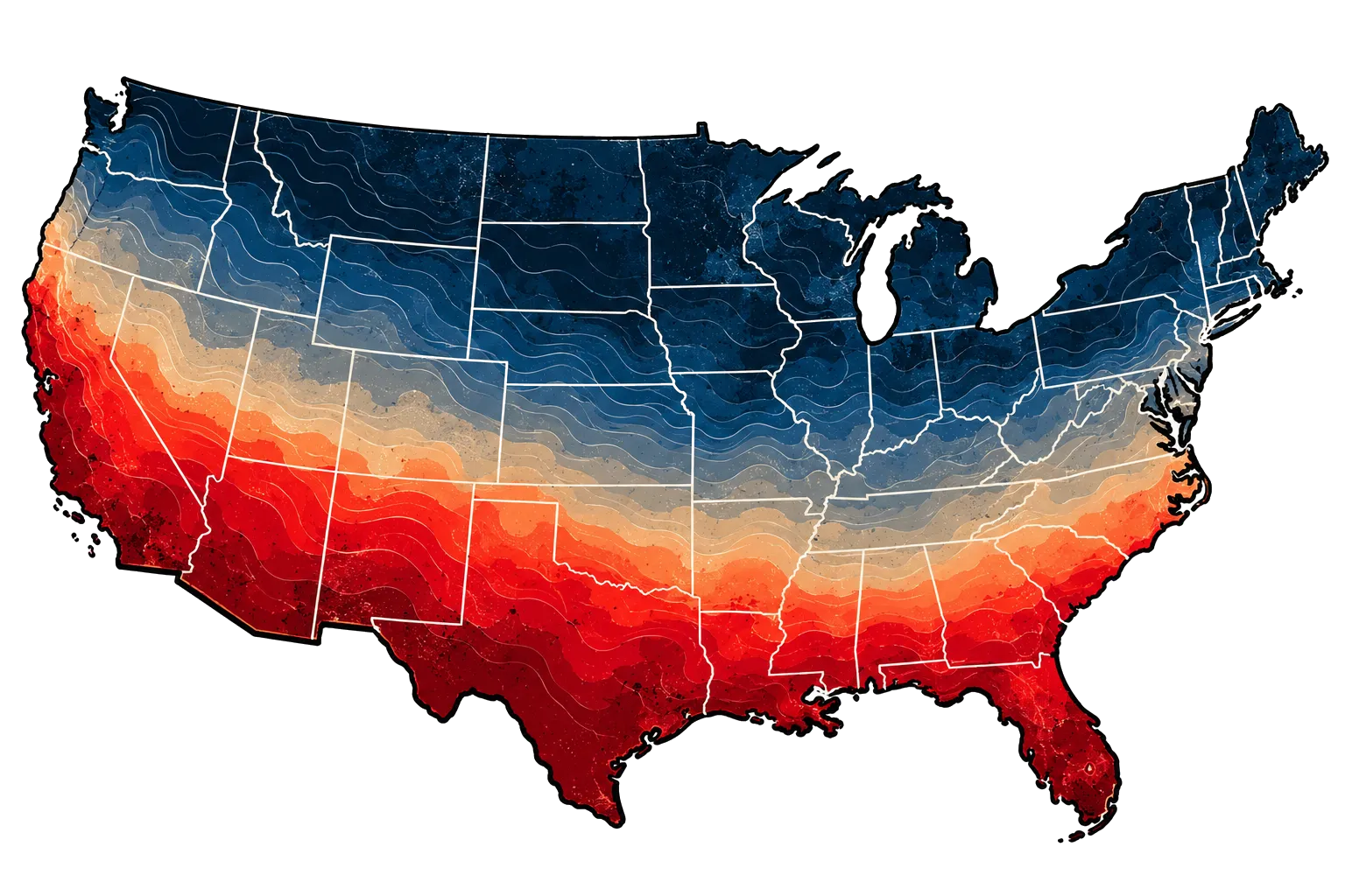 Map of the lower 48 shaded from early freeze in the north to late freeze in the south